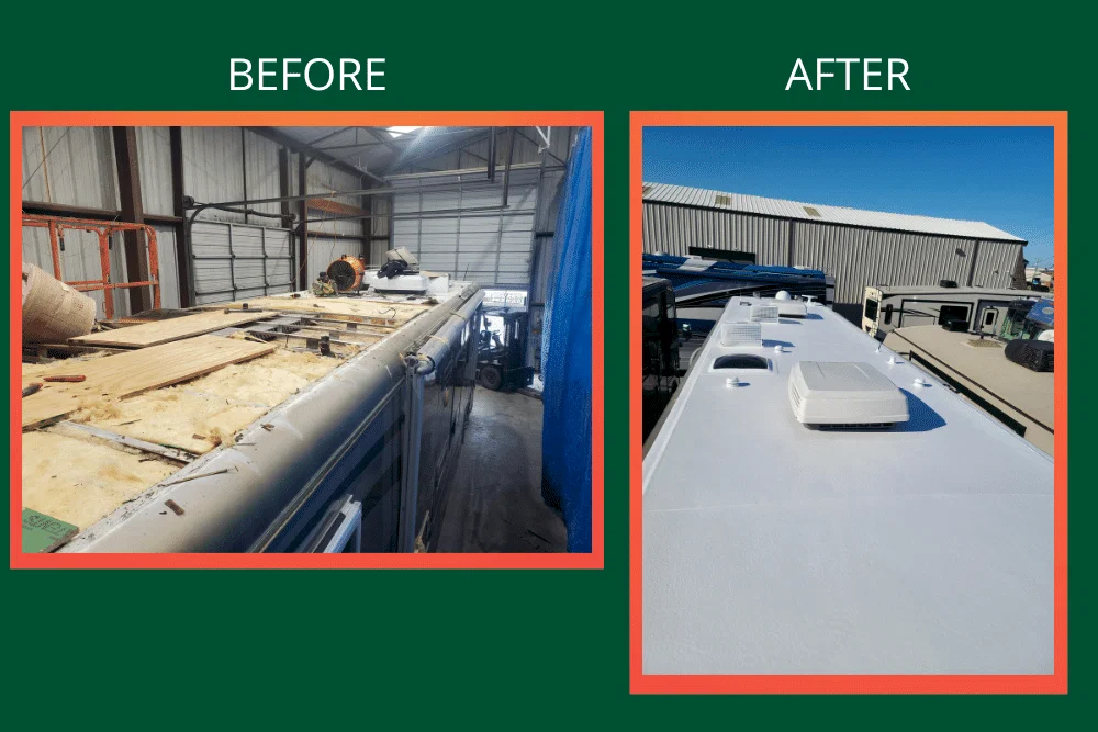 FlexArmor Roof Before and After, RV repair in Laplace, LA at RV Masters. Side-by-side comparison image labeled ‘Before’ and ‘After.’ The ‘Before’ photo shows an RV roof stripped down inside a workshop, with insulation exposed, wooden panels removed, and tools scattered around. The ‘After’ photo shows the same RV outside with a newly finished, clean white roof featuring installed vents and fixtures.